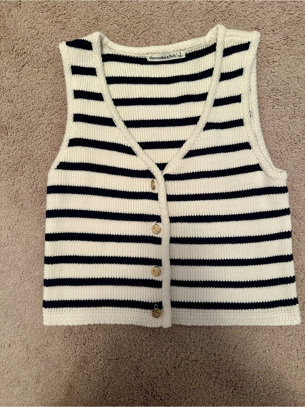 Abercrombie & Fitch Cream and Navy Striped Knit Button Vest